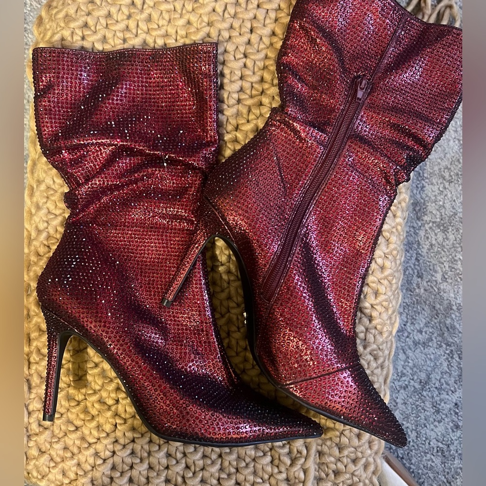 Thalia Sodi Burgundy Sequin Heeled Boots